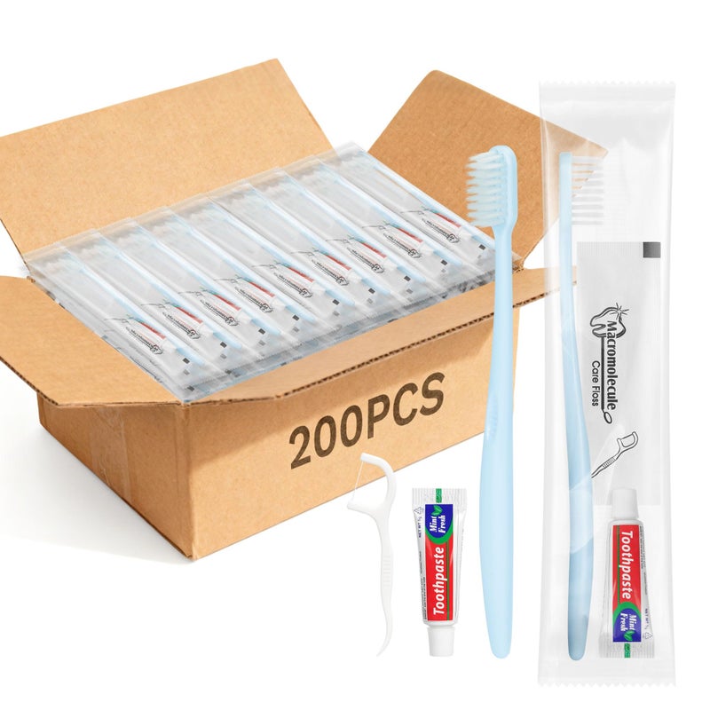 Disposable Travel Toothbrush and Toothpaste, Individually Packaged, Light Blue, with Floss Picks, Hotel Toothbrush Suitable for Hotel, Home, Camping, Travel (200-PACK)